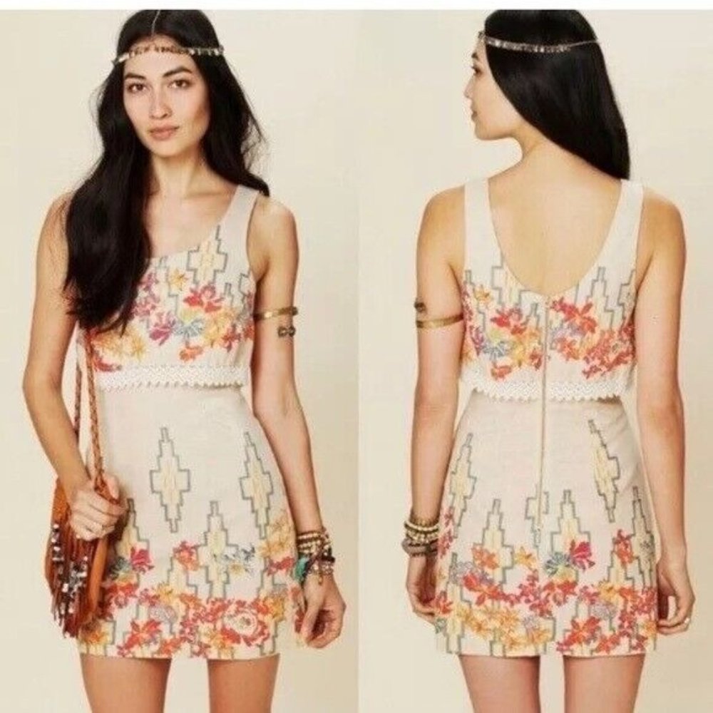 Free People Big Bang Gold Floral Aztec Dress Size 6